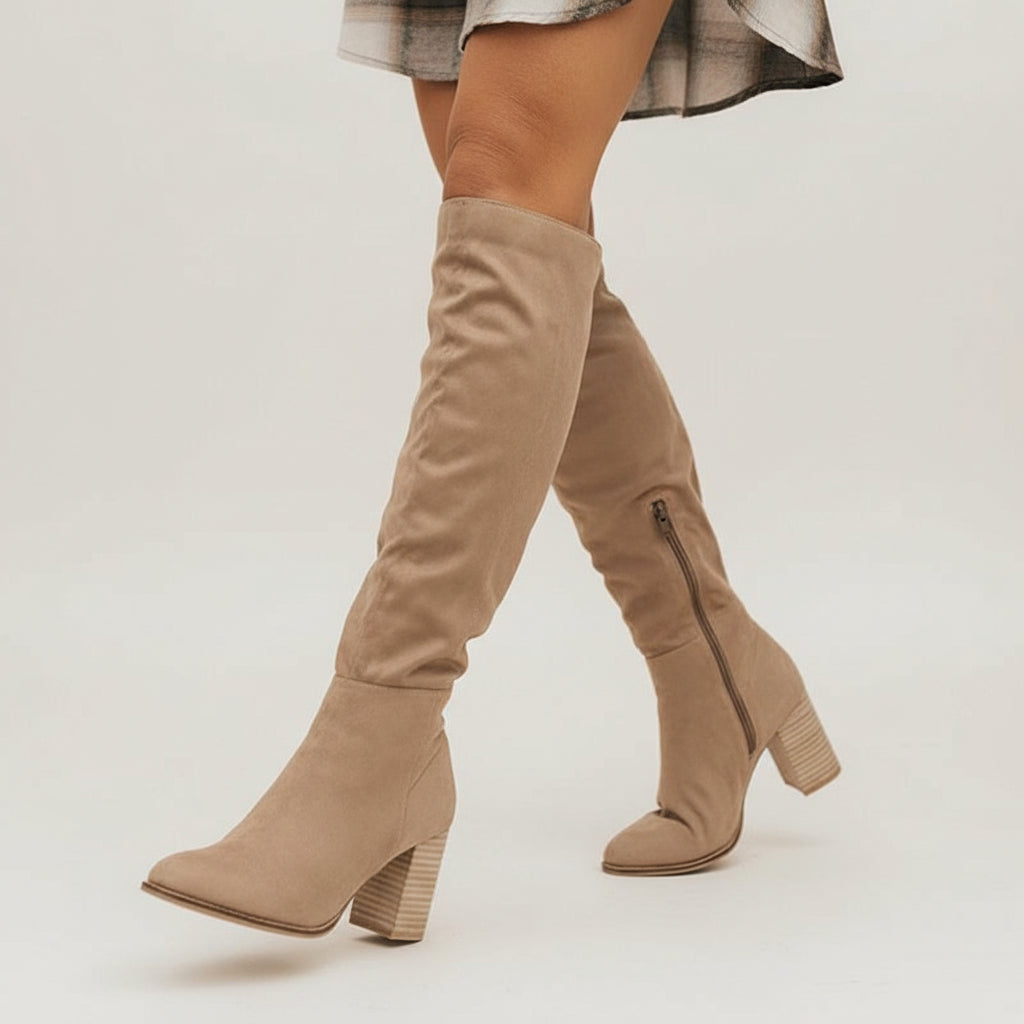 Viola | Women's Knee High Block Heel Boots Tan Suede