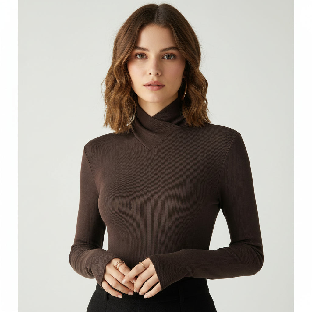 Vera | Women's Turtleneck Sweater Brown Fitted Ribbed