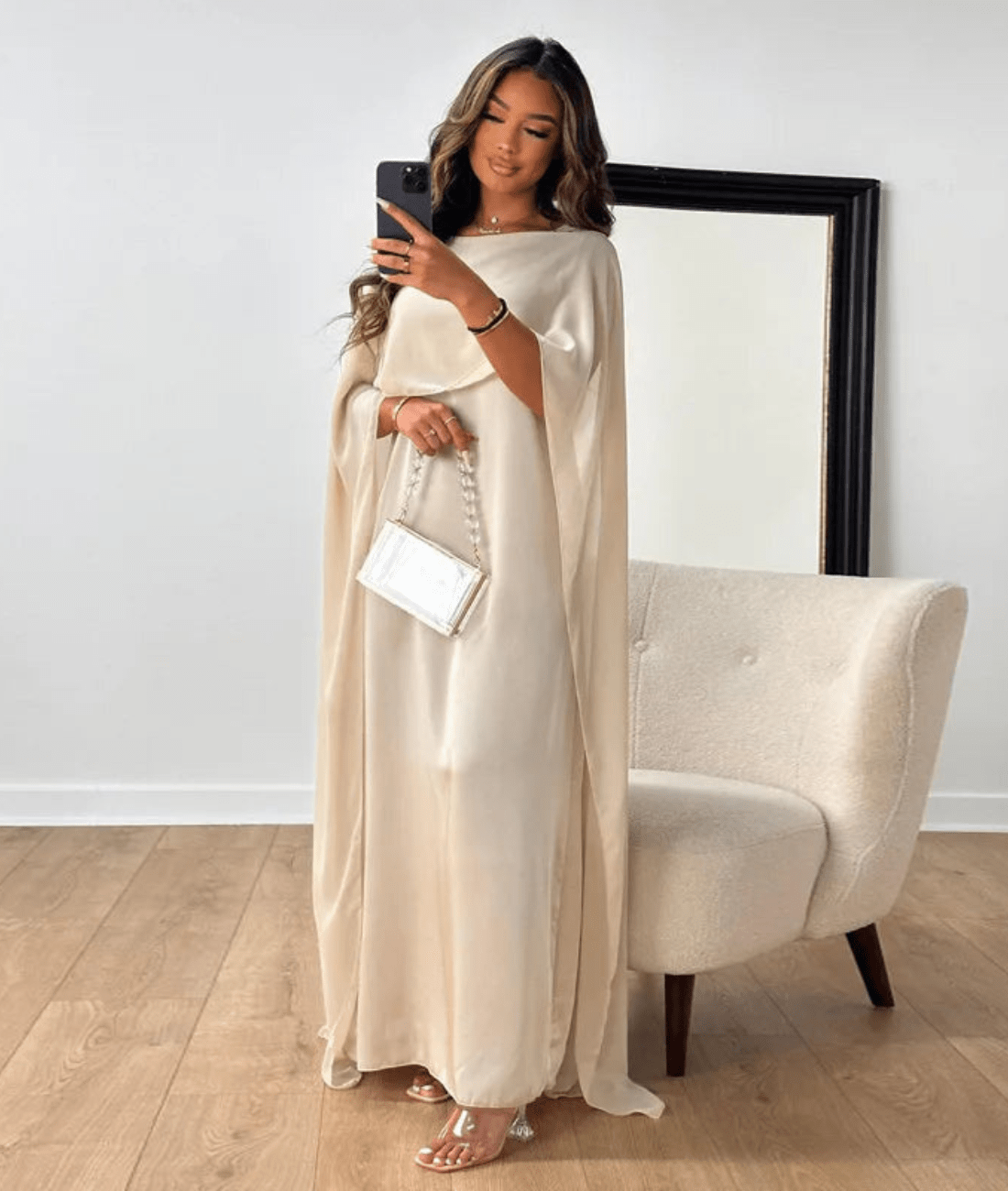 Paloma | Women's Cream Satin Maxi Dress With Cape