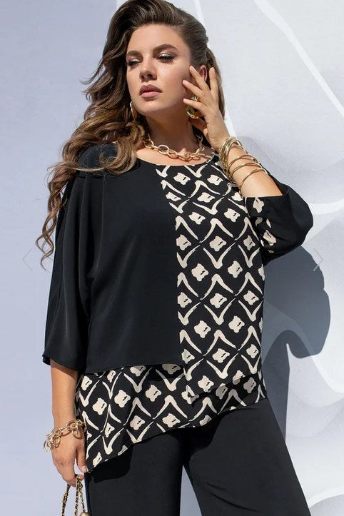 Demi | Women's Oversized Abstract Print Blouse Black Cream