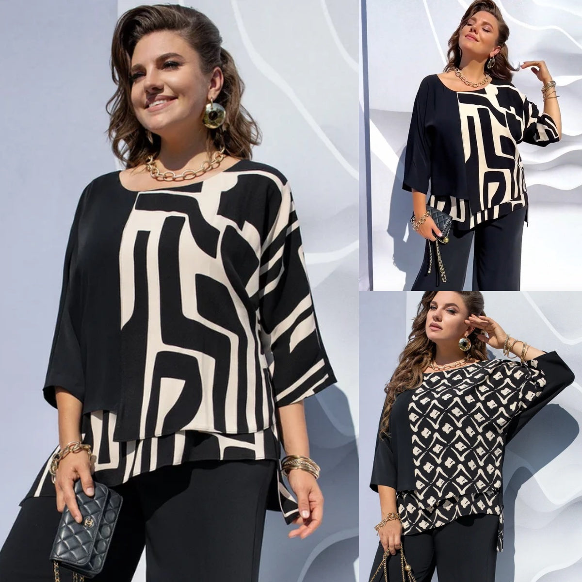 Demi | Women's Oversized Abstract Print Blouse Black Cream