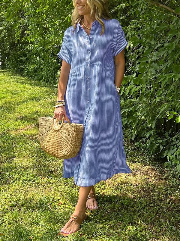 Thea | Women's Striped Button Down Midi Dress Light Blue