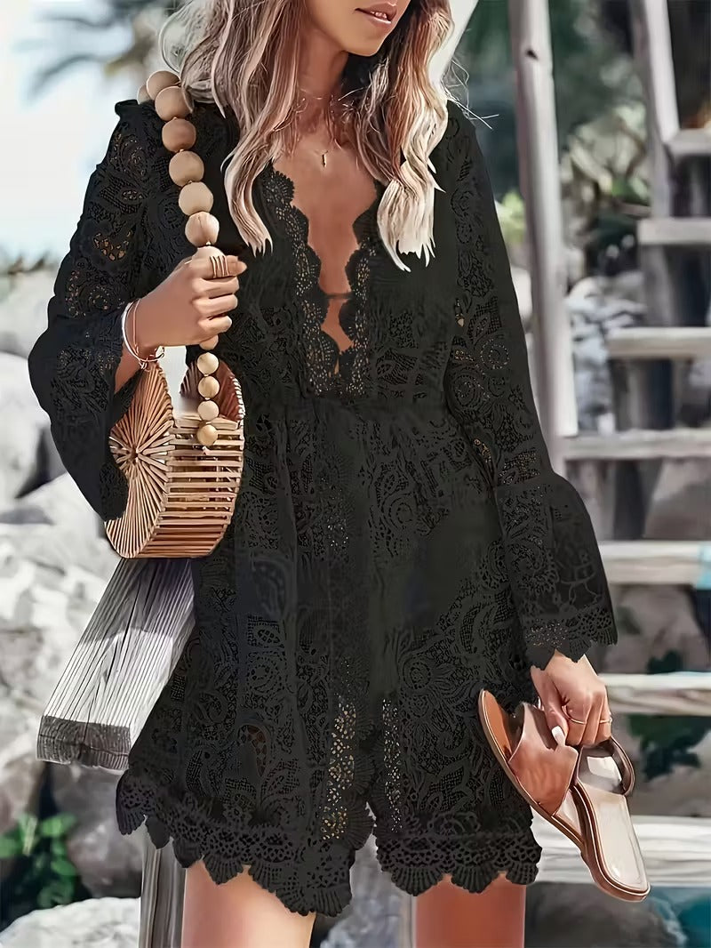 Ines | Women's Crochet Lace Midi Dress White V Neck