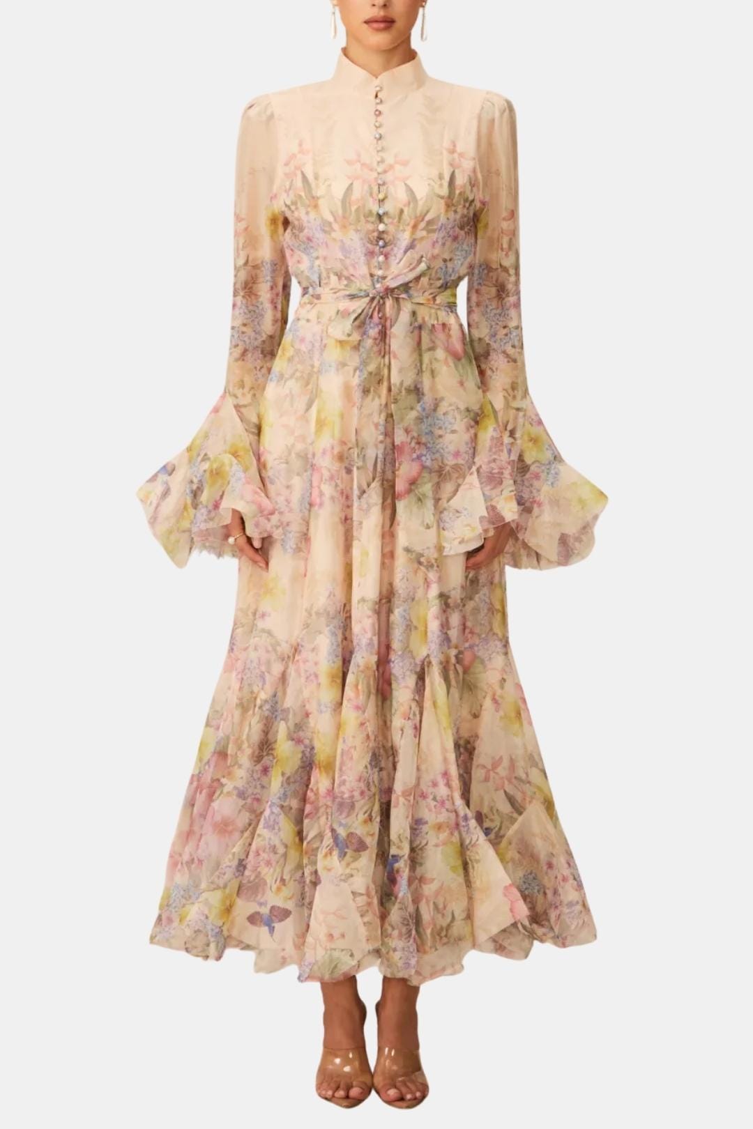 Elise | Women's Floral Maxi Dress Long Sleeve Cream Button Front