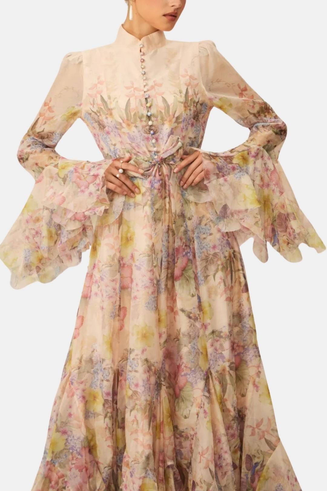 Elise | Women's Floral Maxi Dress Long Sleeve Cream Button Front
