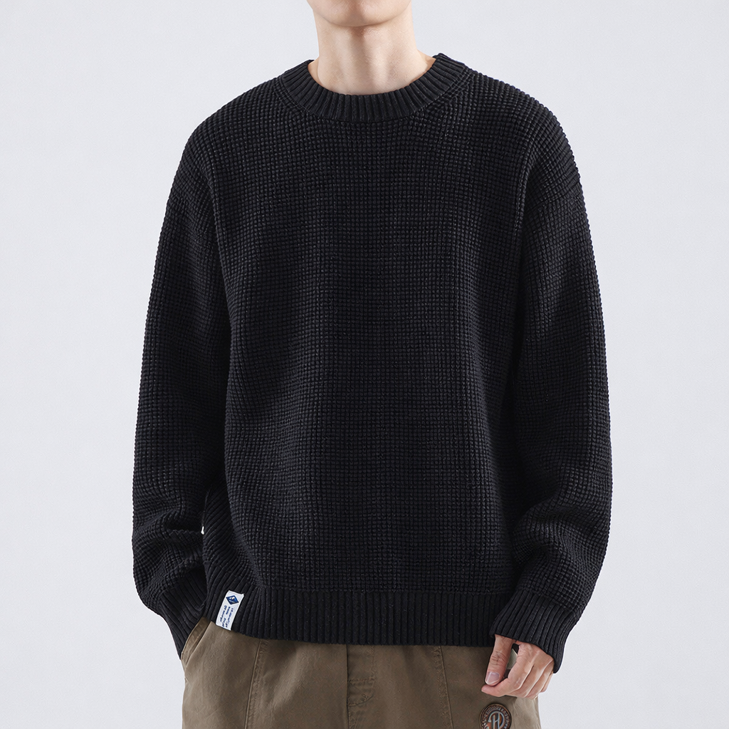 Voss | Men's Crew Neck Sweater Black Waffle Knit