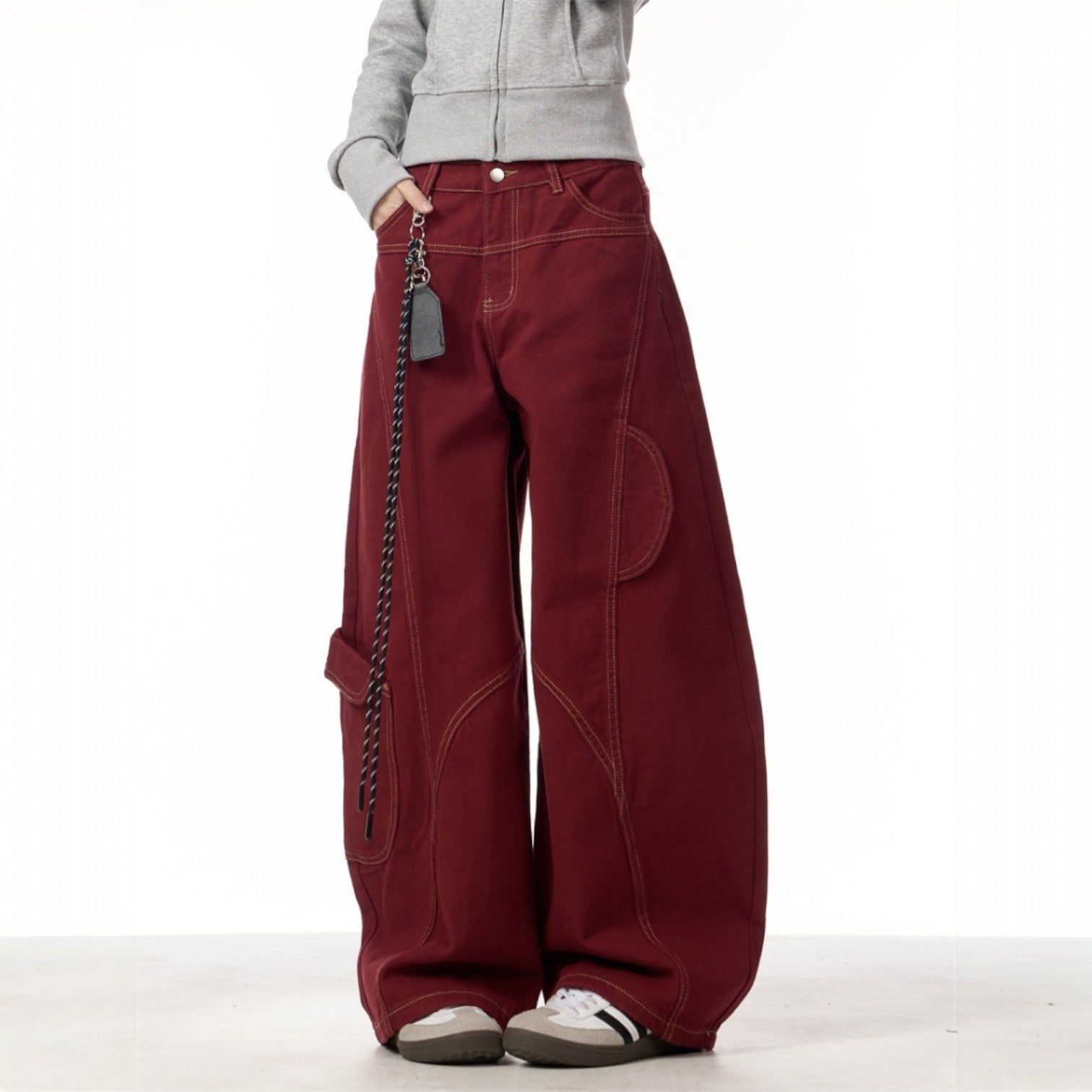 Maeve | Women's Wide Leg Cargo Pants Burgundy Chain Detail