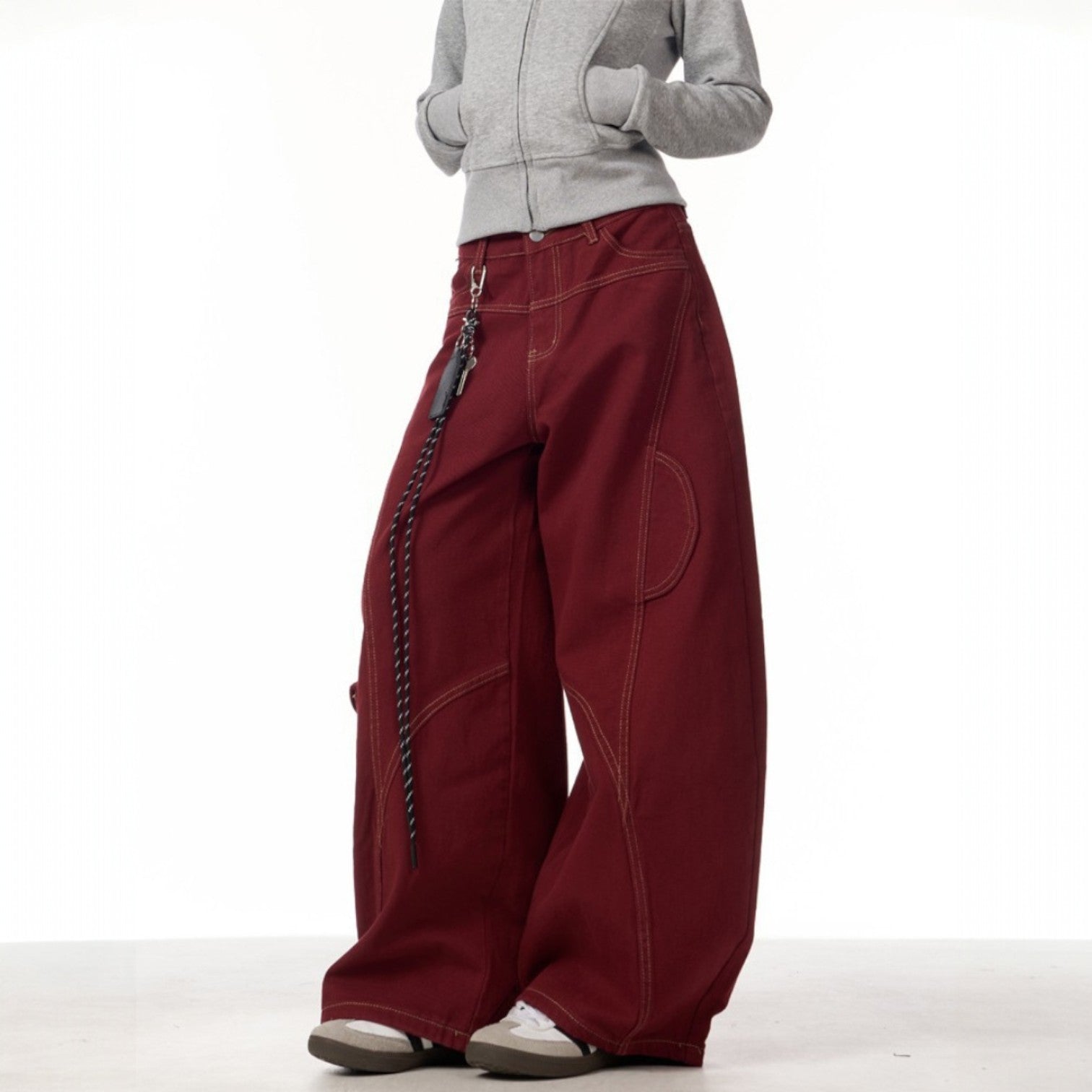 Maeve | Women's Wide Leg Cargo Pants Burgundy Chain Detail
