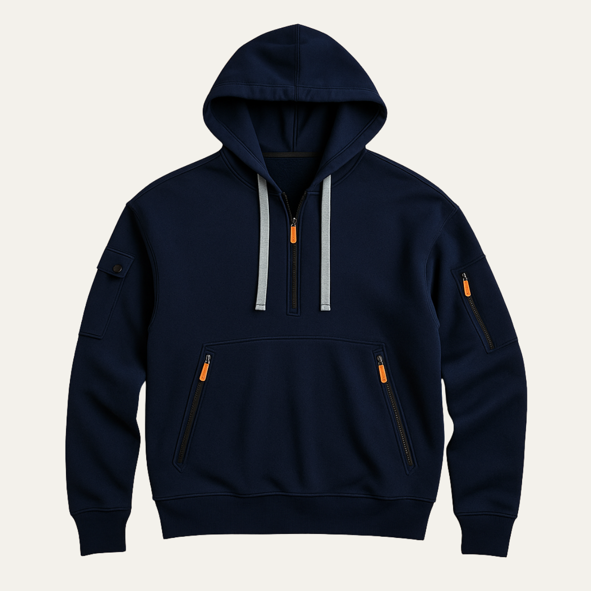 Beau | Men's Casual Half Zip Hoodie Navy Orange Zipper Pockets