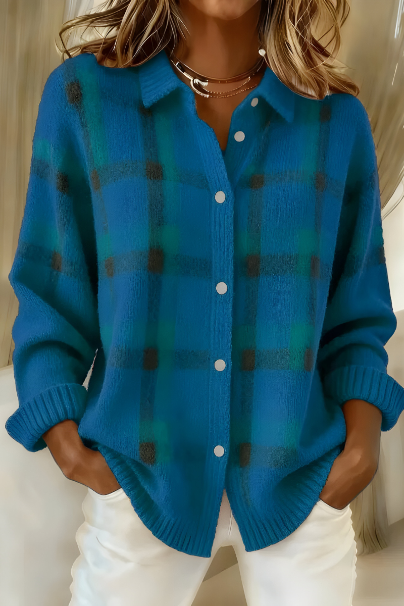 Ines | Women's Plaid Knit Cardigan Orange Button Up