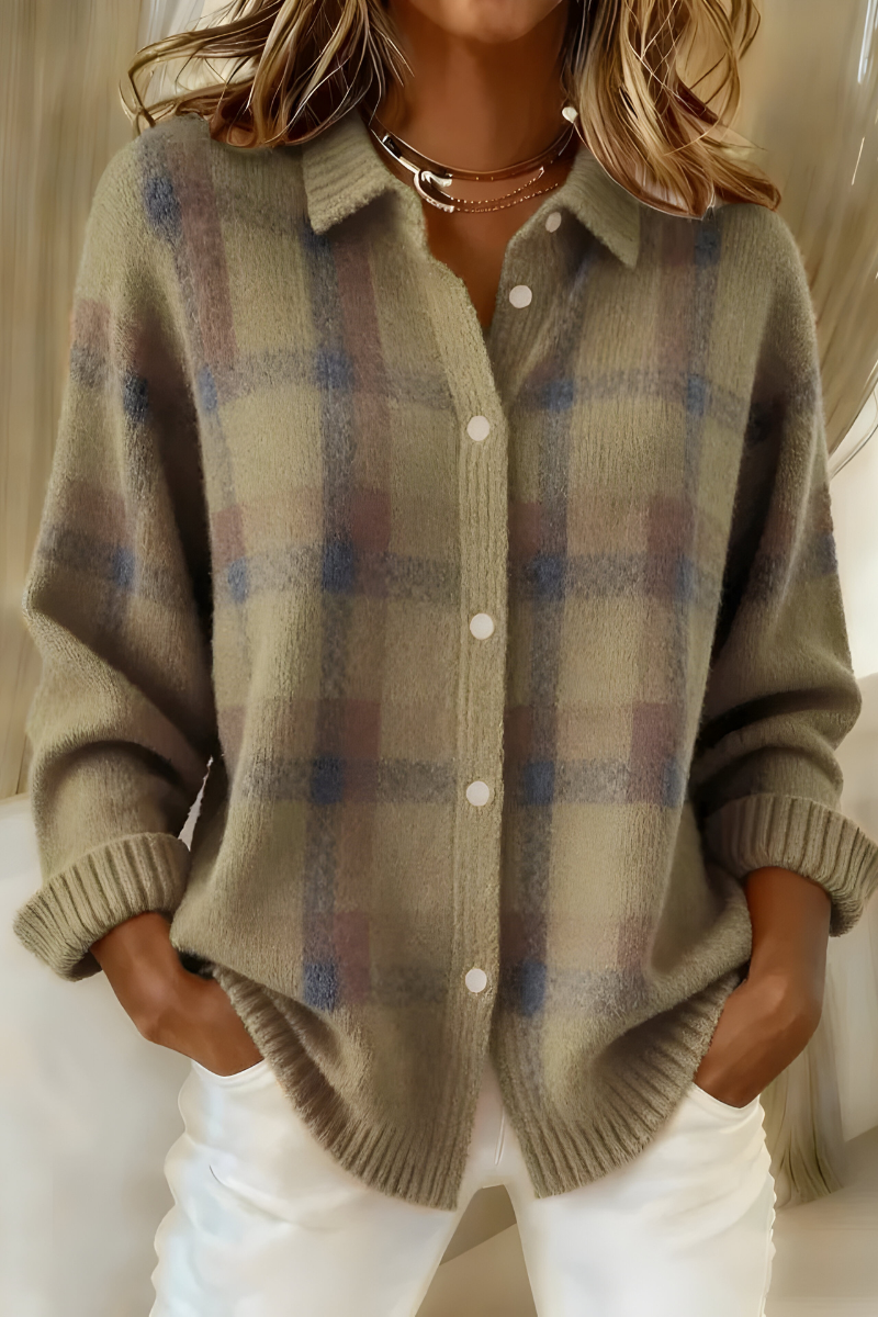 Ines | Women's Plaid Knit Cardigan Orange Button Up