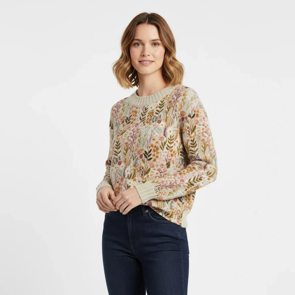 Isla | Women's Floral Knit Sweater Cream Crew Neck