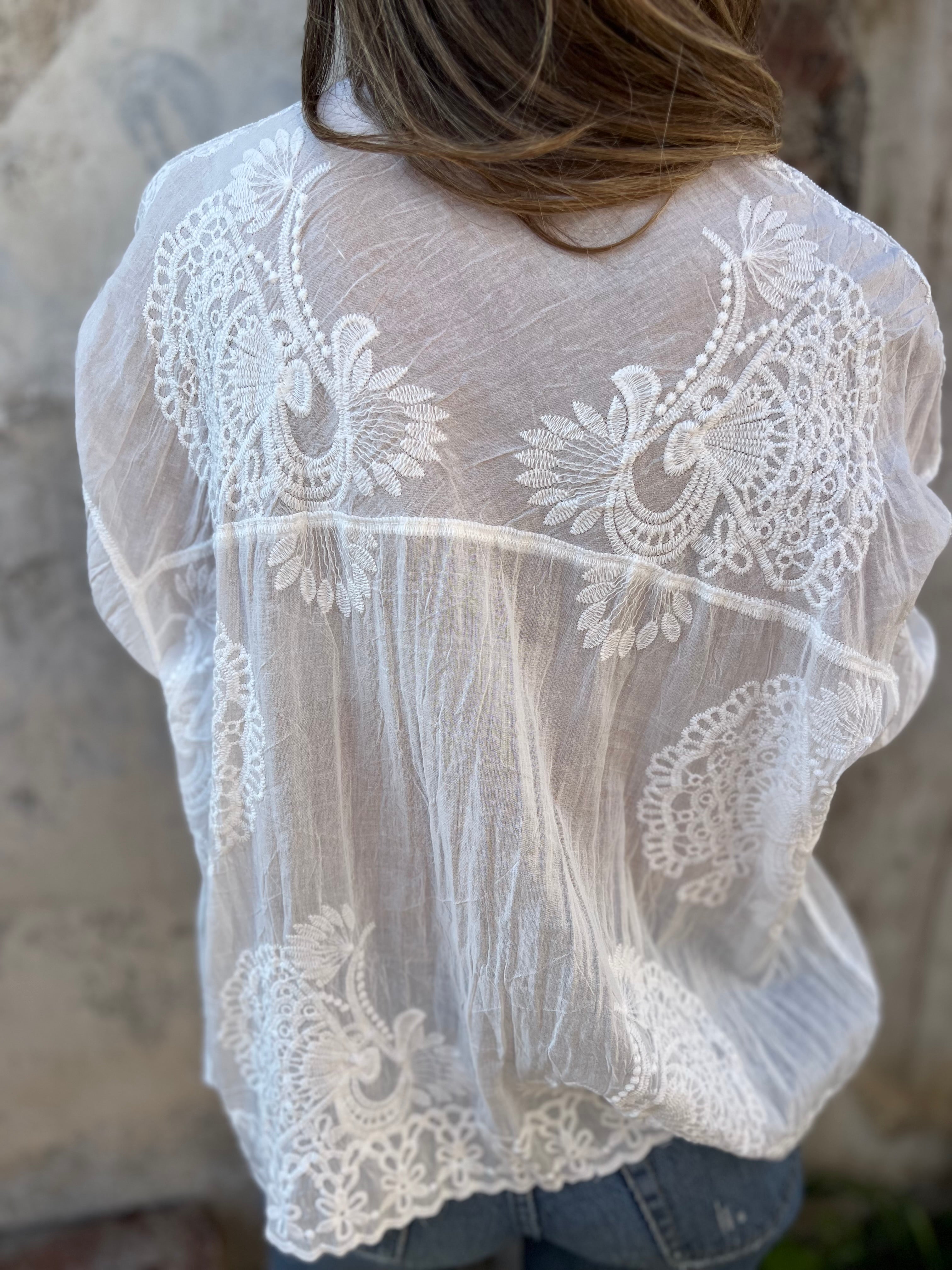 Ada | Women's Lace Button Down Blouse Cream Long Sleeve