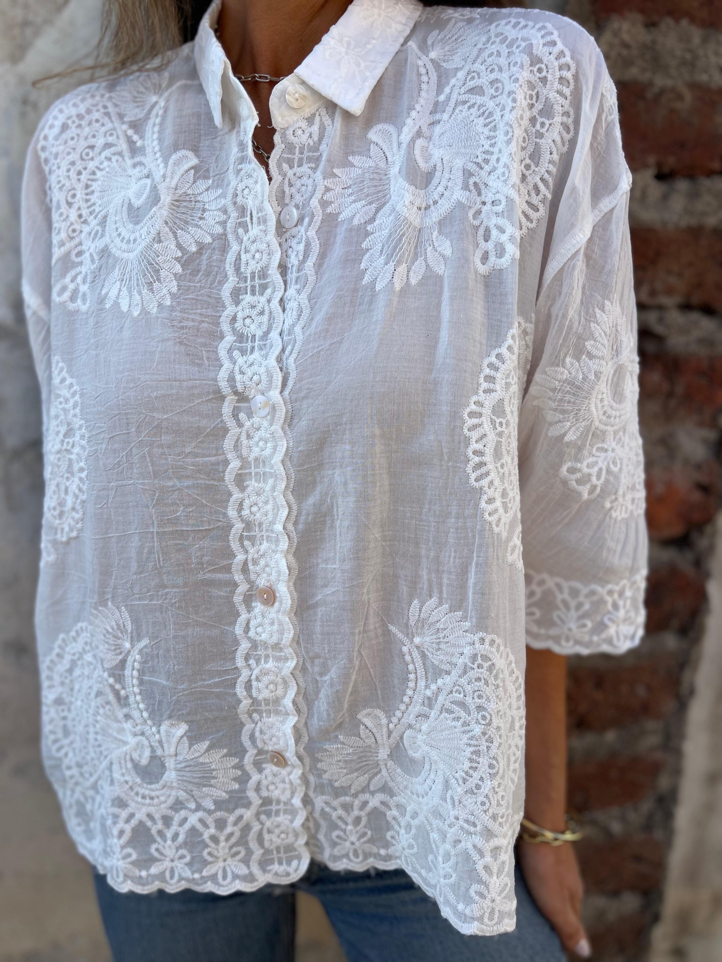 Ada | Women's Lace Button Down Blouse Cream Long Sleeve