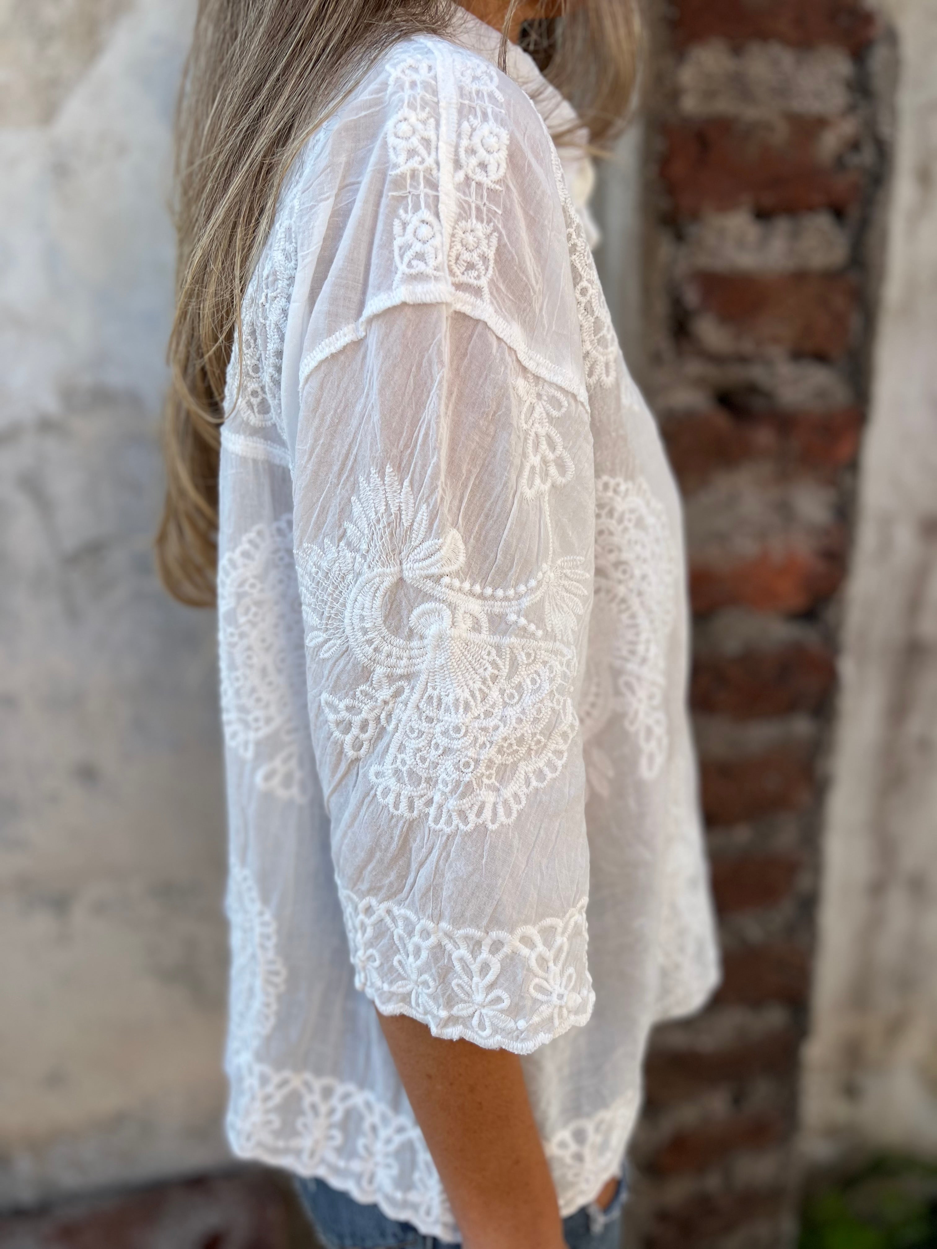 Ada | Women's Lace Button Down Blouse Cream Long Sleeve