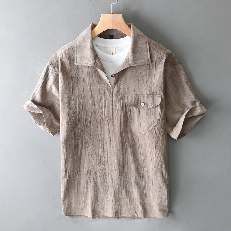 Axel | Men's Linen Camp Collar Shirt Beige Short Sleeve