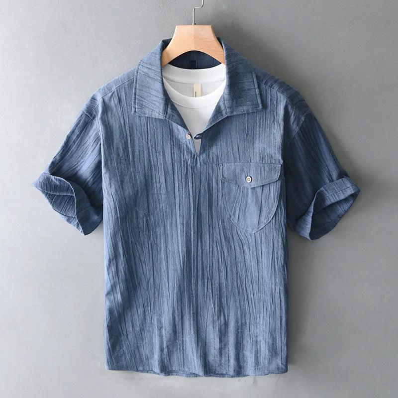 Axel | Men's Linen Camp Collar Shirt Beige Short Sleeve