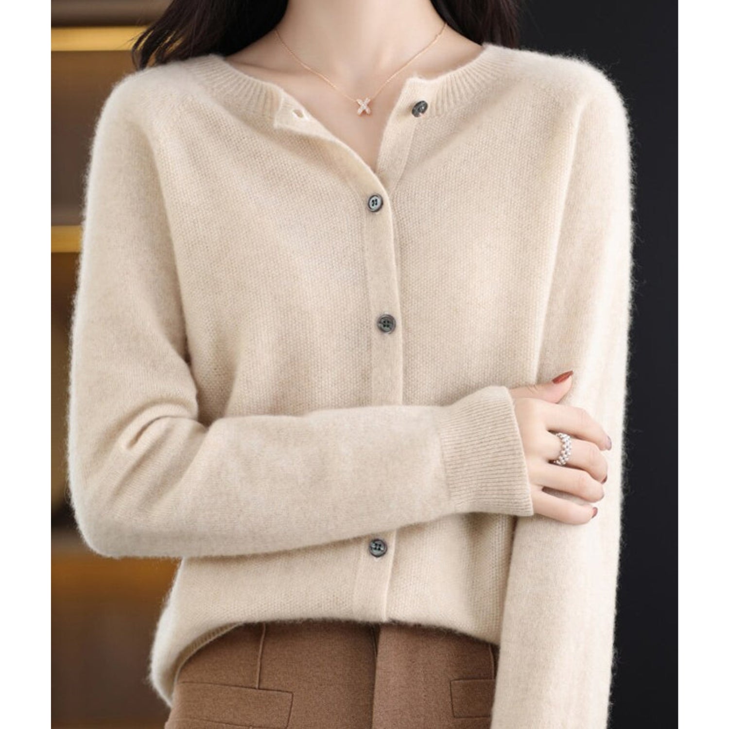 Nola | Women's Knit Cardigan Button Front Cream Long Sleeve