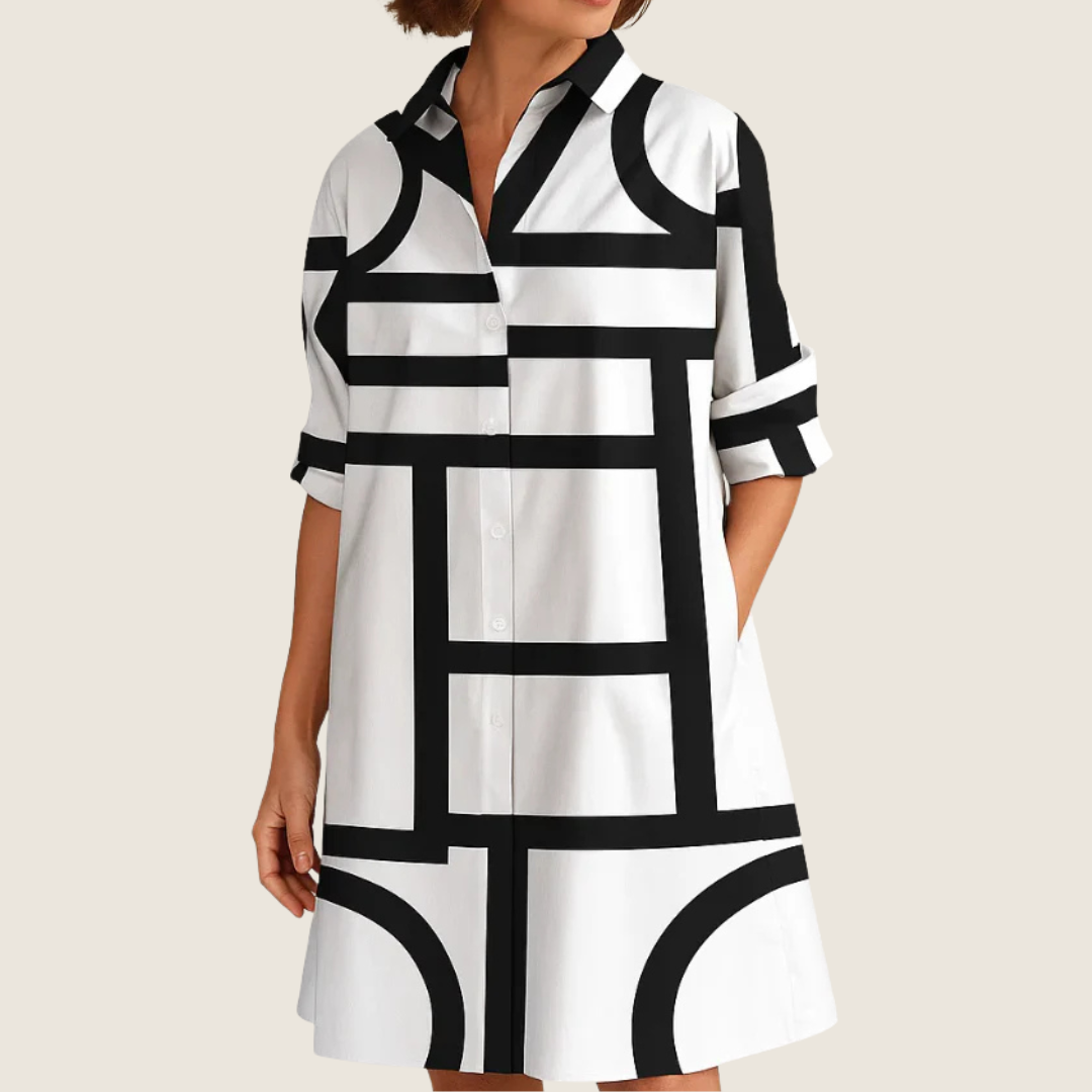 Vera | Women's Button Down Shirt Dress Navy White Geometric Print