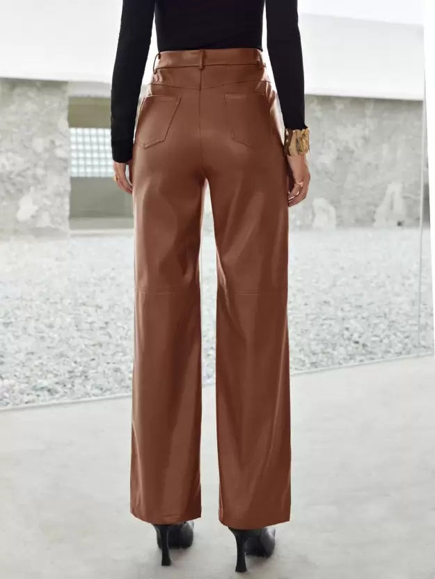 Esme | Women's Leather Pants Brown High Waisted Wide Leg