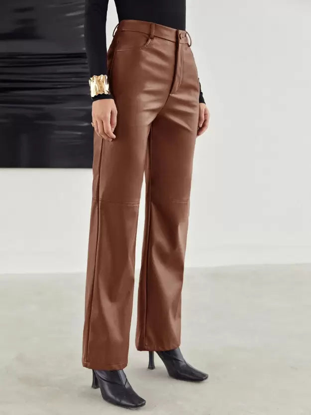 Esme | Women's Leather Pants Brown High Waisted Wide Leg