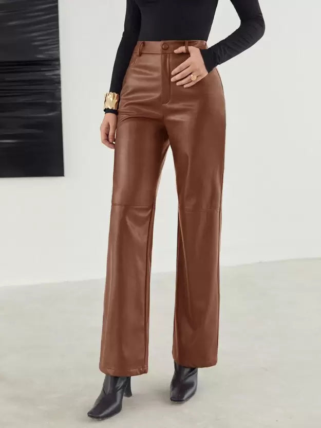 Esme | Women's Leather Pants Brown High Waisted Wide Leg