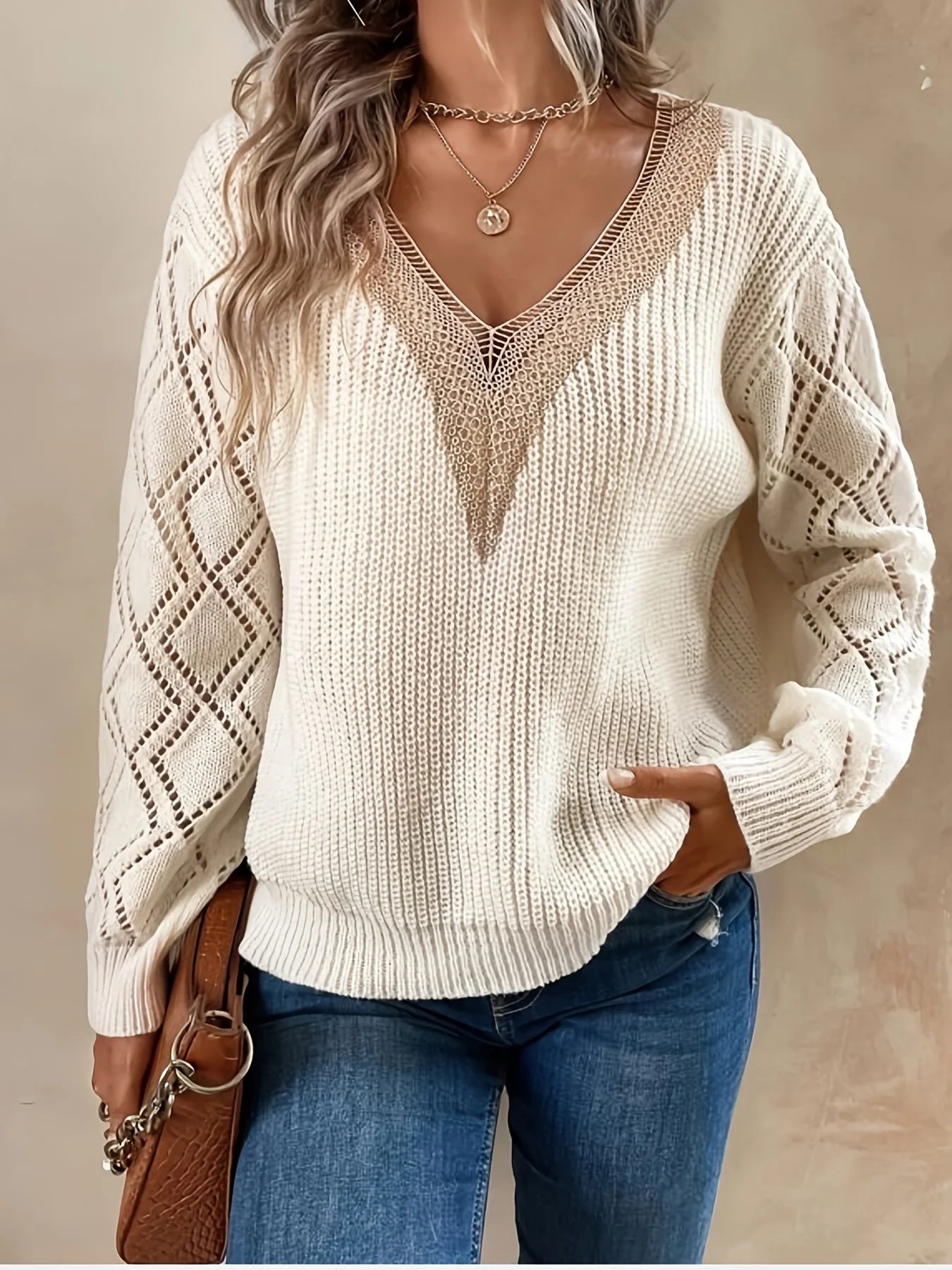Esme | Women's Cable Knit V Neck Sweater Cream Openwork Sleeve