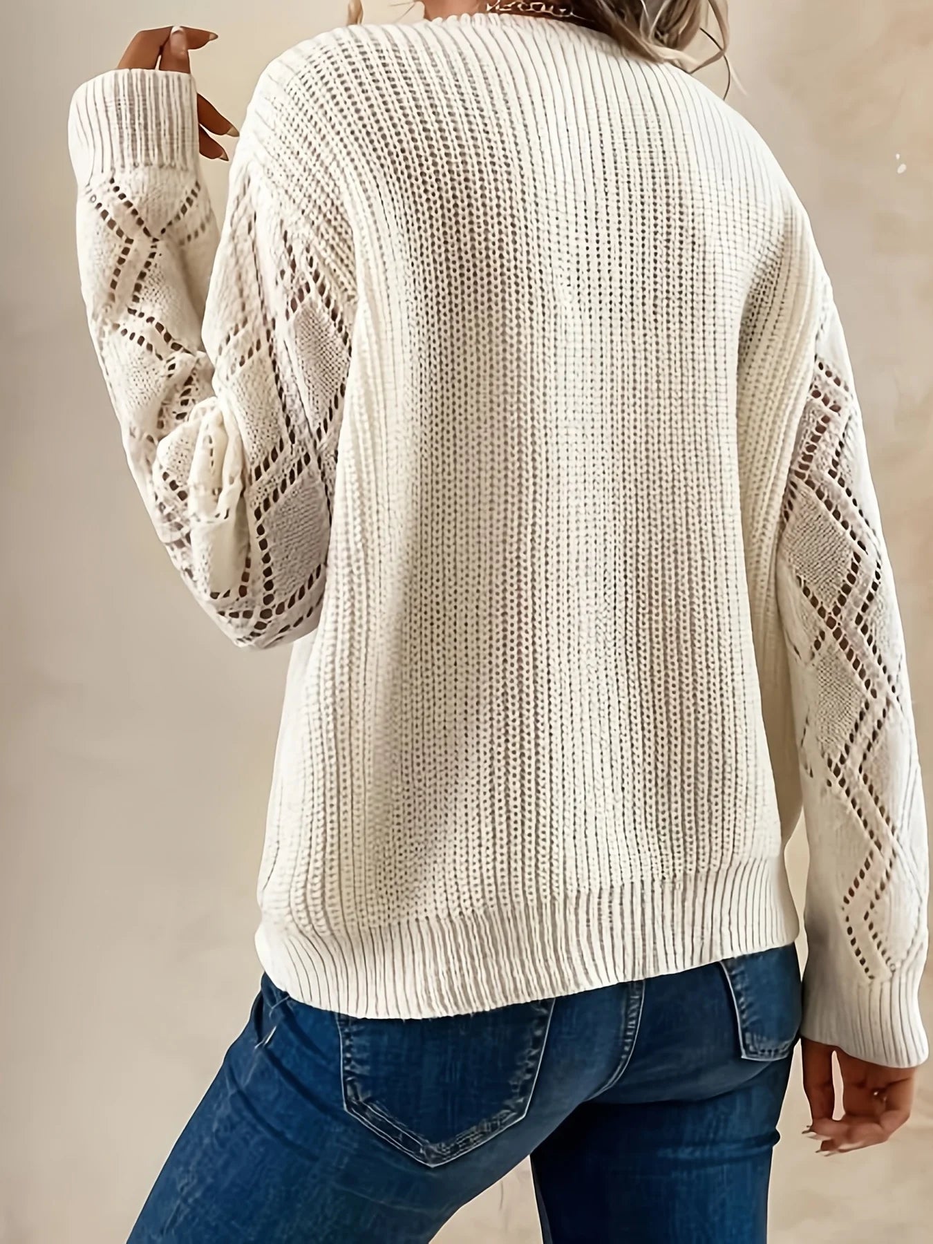 Esme | Women's Cable Knit V Neck Sweater Cream Openwork Sleeve