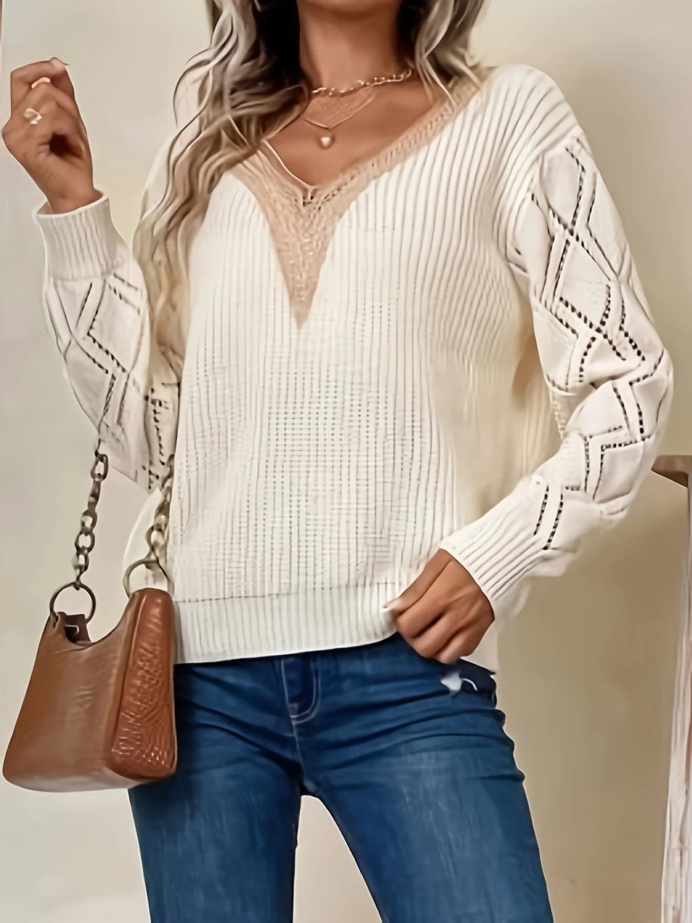 Esme | Women's Cable Knit V Neck Sweater Cream Openwork Sleeve