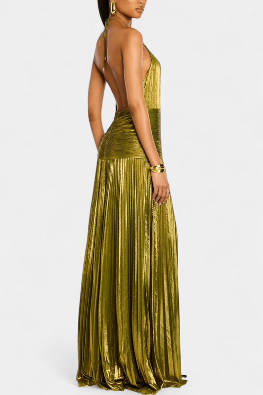 Nola | Women's Halter Maxi Dress Gold Pleated