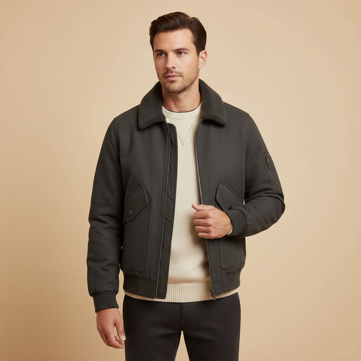 Voss | Men's Utility Bomber Jacket Cream Sherpa Lined