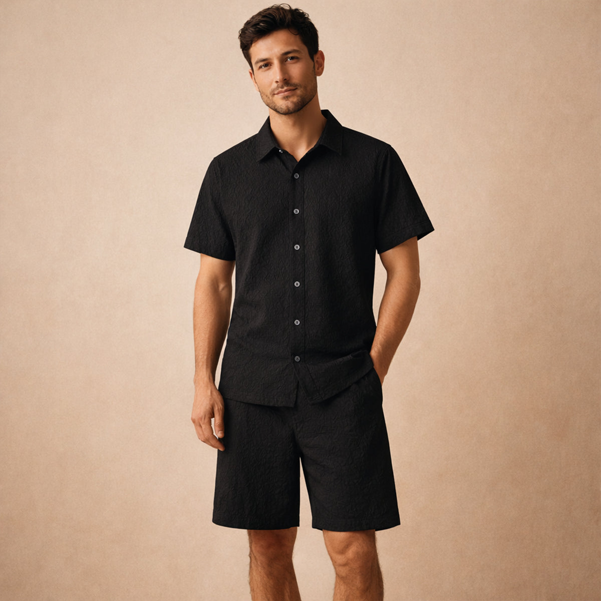 Kael | Men's Lounge Set Cream Textured Short Sleeve Button Up