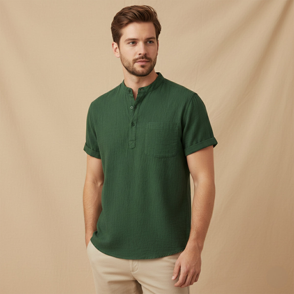 Luca | Men's Henley Shirt Navy Short Sleeve Casual Cotton Linen