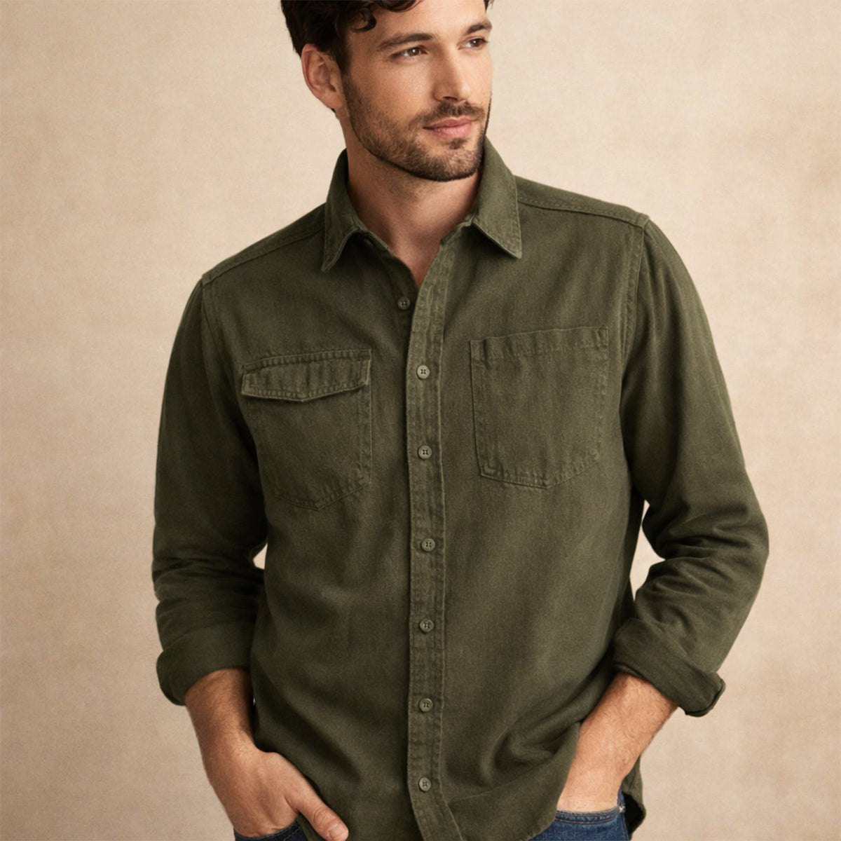 Axel | Men's Denim Shirt Khaki Button Up Long Sleeve