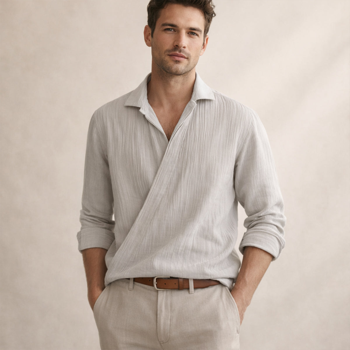Eli | Men's Cream Ribbed Button Up Shirt Long Sleeve