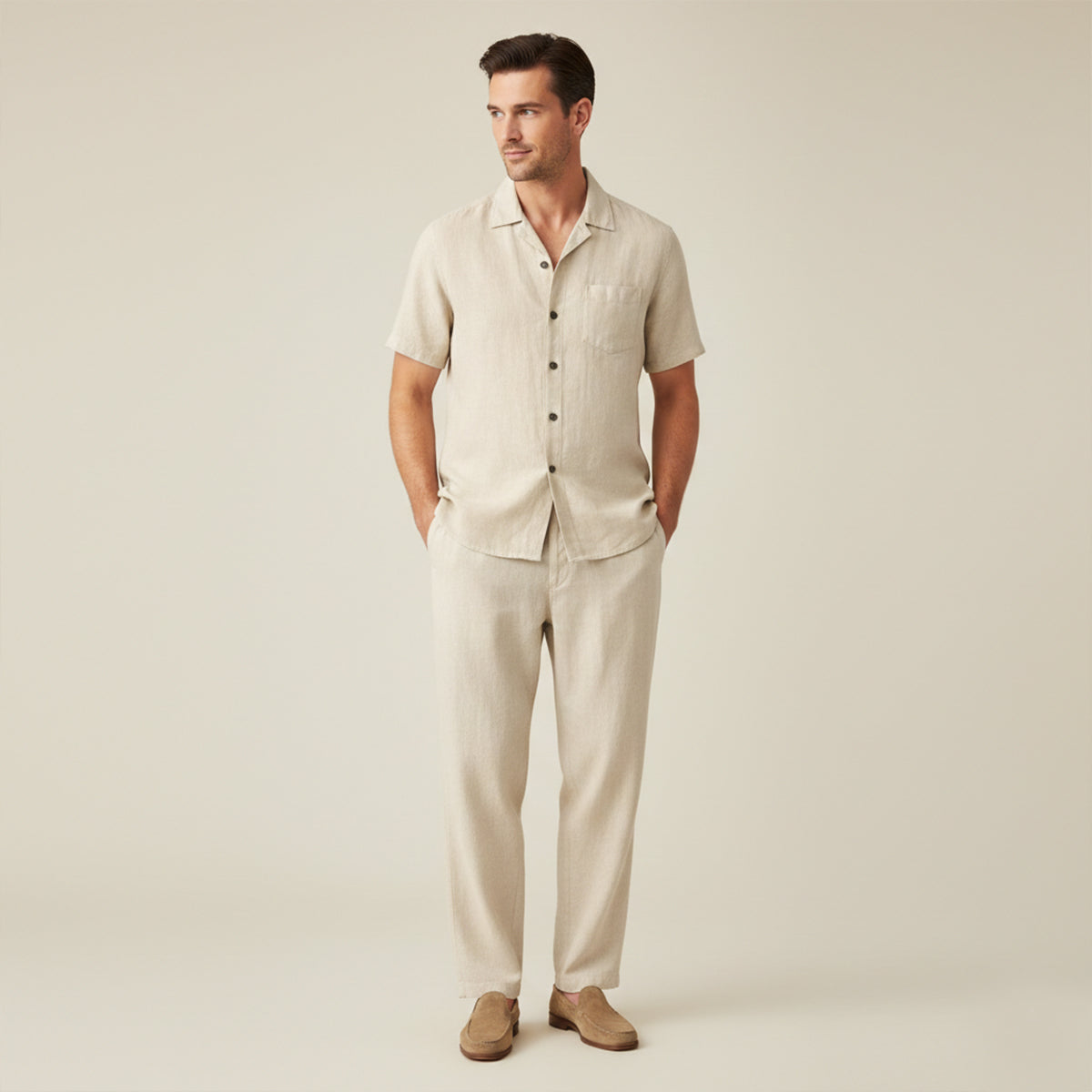 Axel | Men's Linen Set Cream Short Sleeve Shirt Pants