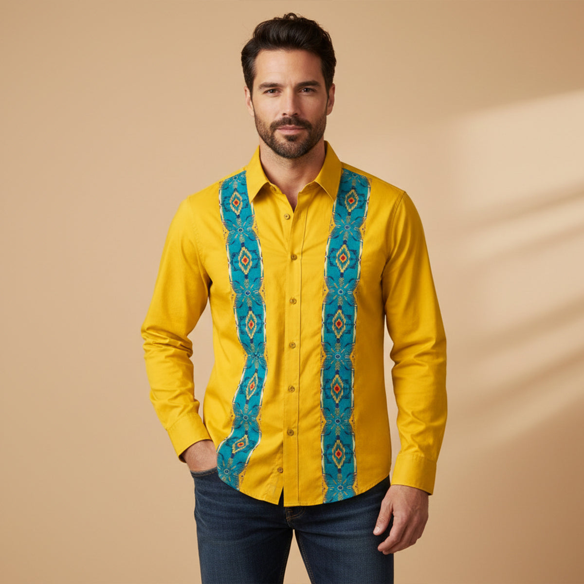 Axel | Men's Western Star Embroidered Button Up Shirt Cream Brown