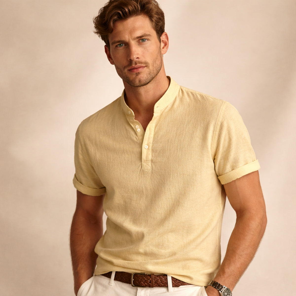 Beau | Men's Linen Shirt Cream Short Sleeve Button Up