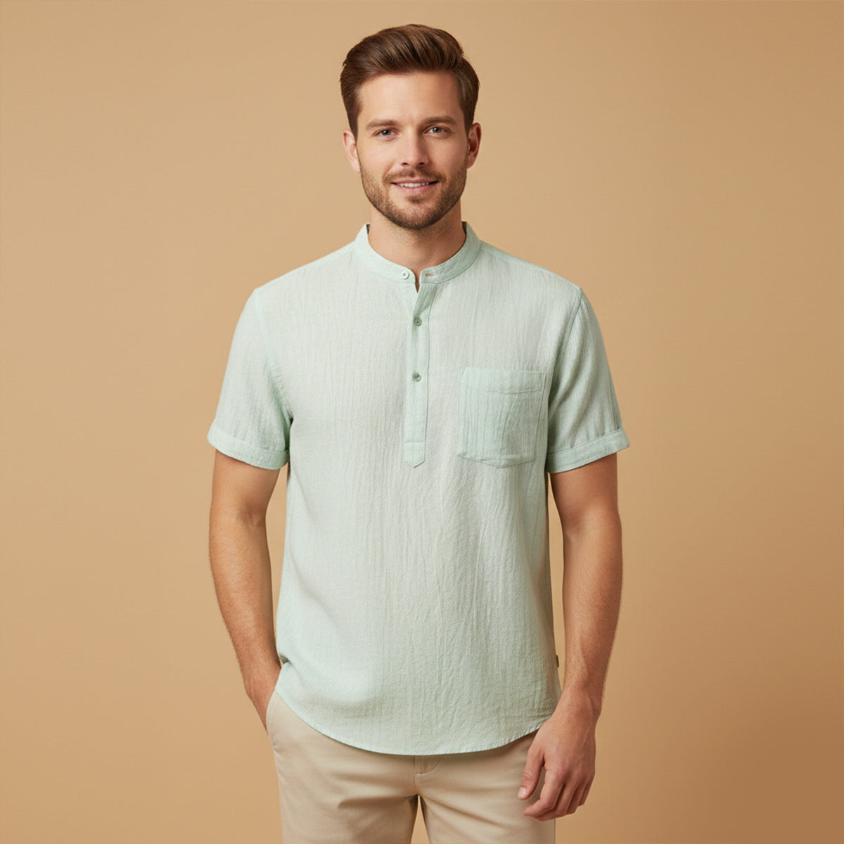 Beau | Men's Casual Henley Shirt Gray Short Sleeve