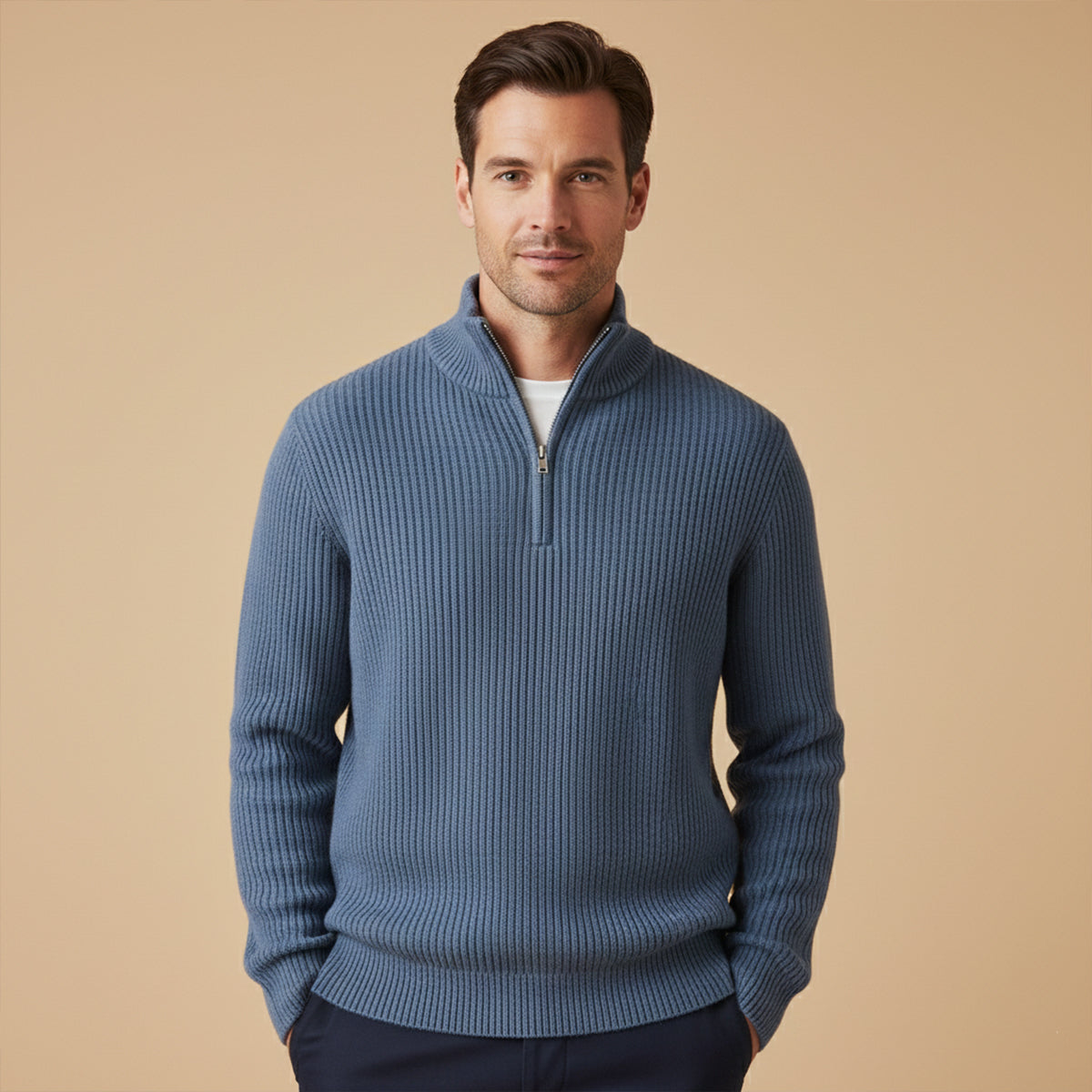 Callum | Men's Quarter Zip Sweater Blue Ribbed Knit