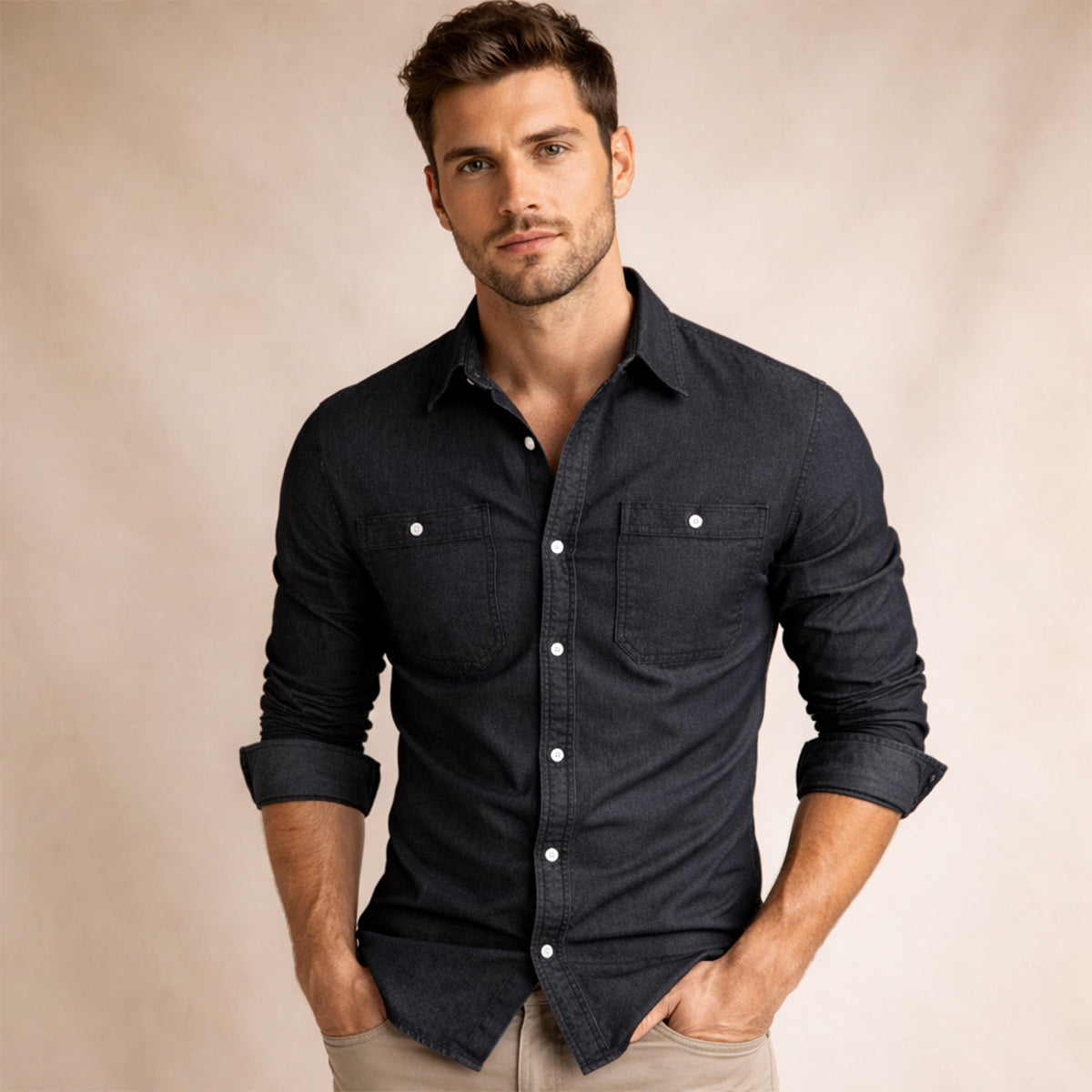 Axel | Men's Dark Wash Denim Shirt Double Pocket Long Sleeve