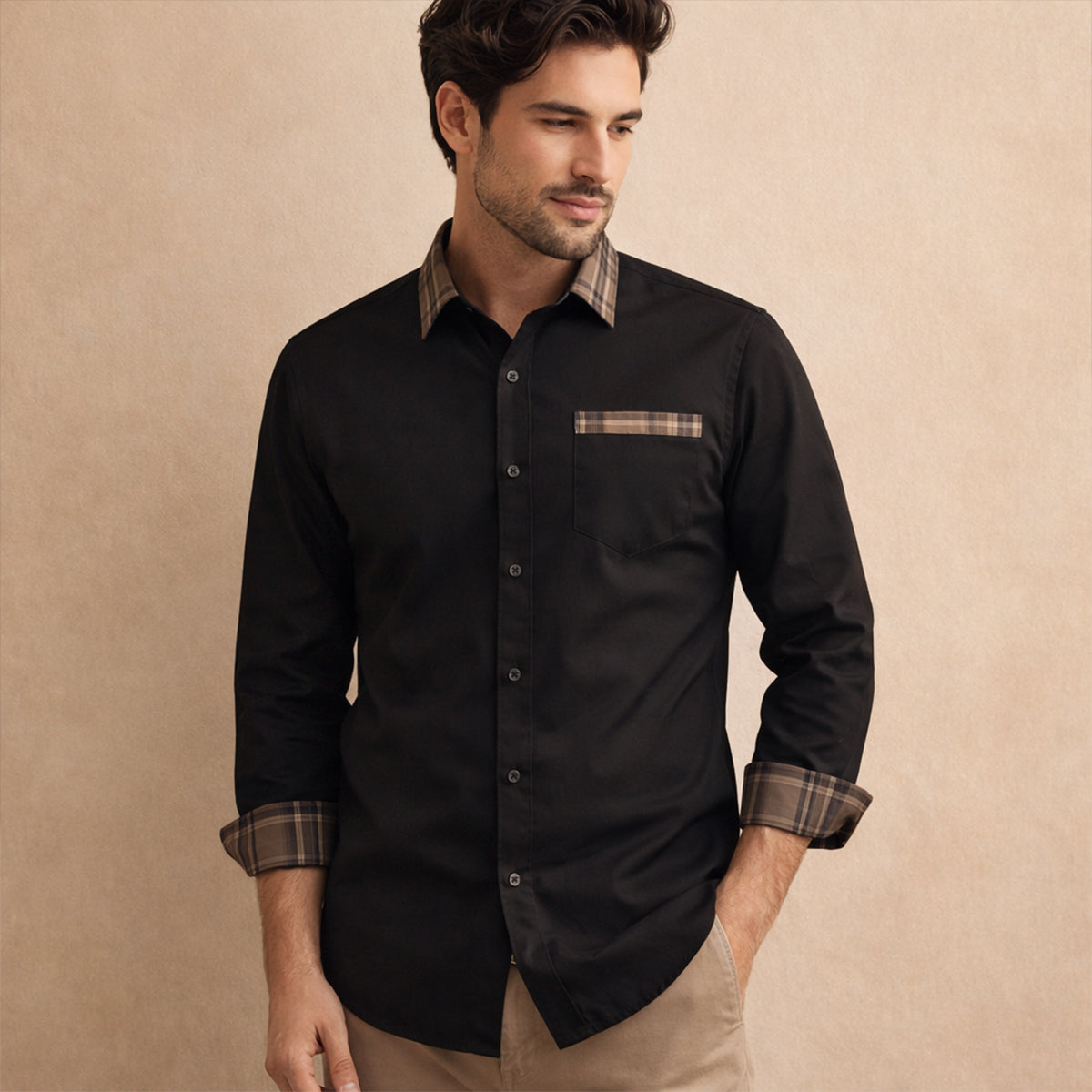Erik | Men's Button Up Shirt Black Plaid Collar Long Sleeve