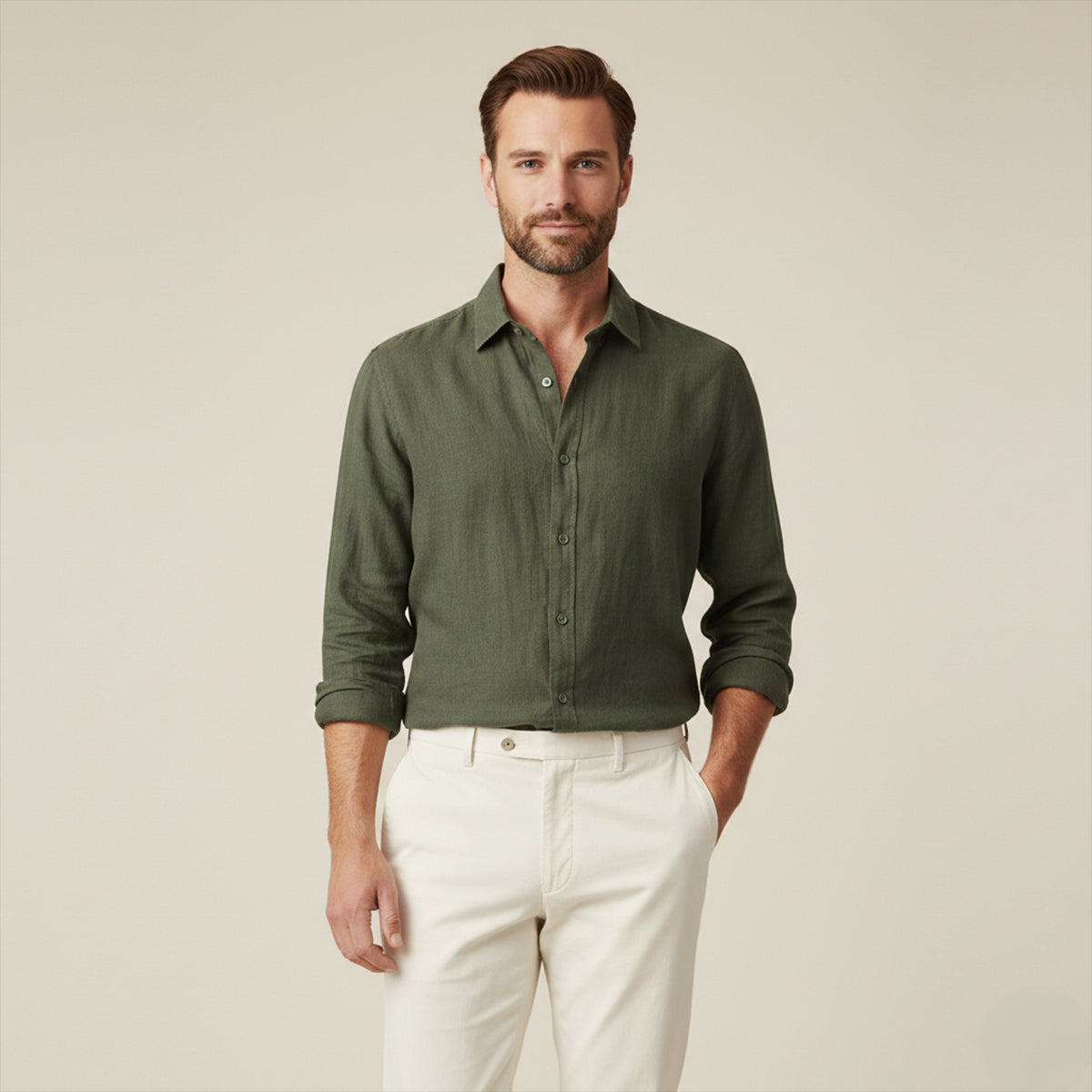 Ezra | Men's Casual Linen Button Up Shirt Olive Green