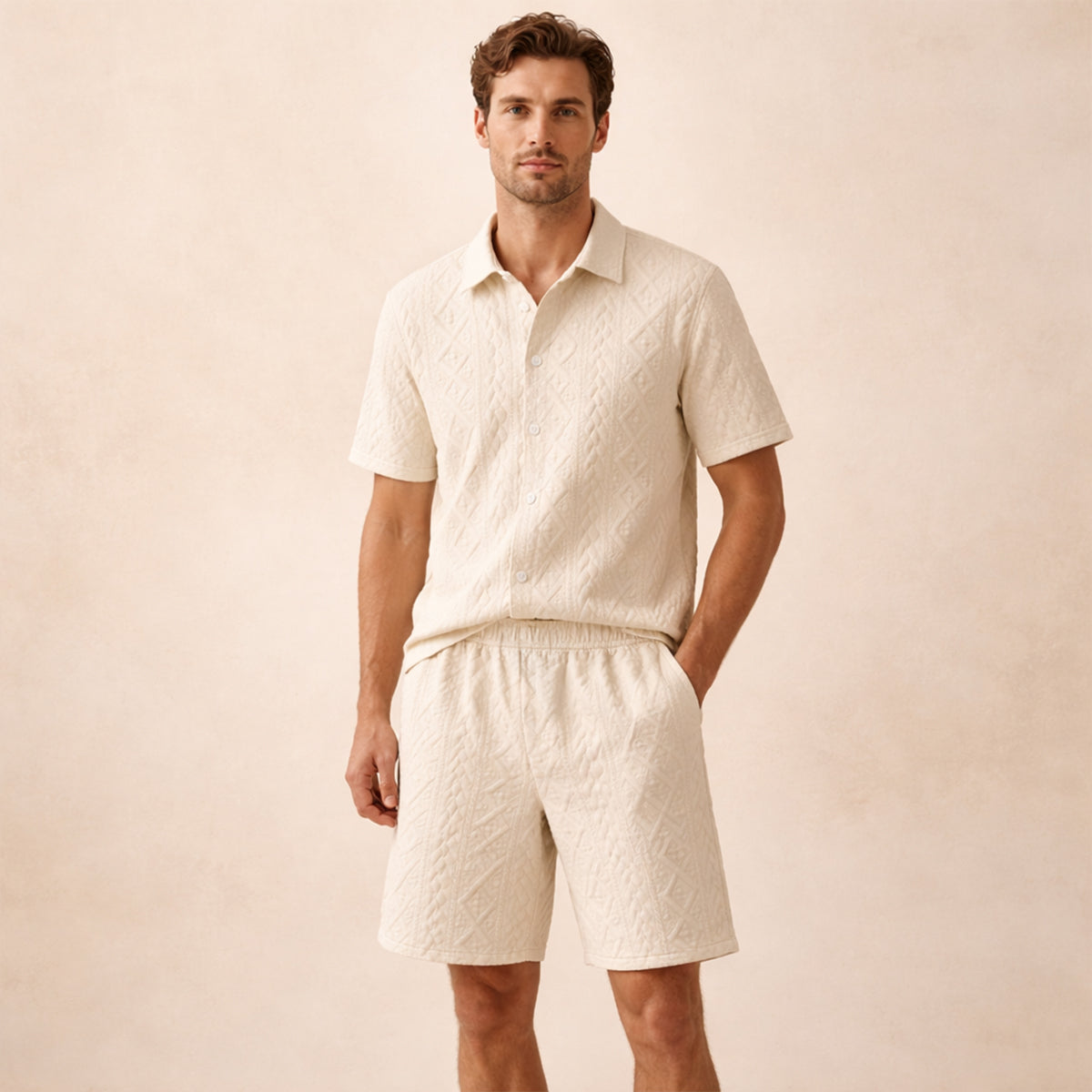 Beau | Men's Sweatsuit Cream Textured Short Sleeve
