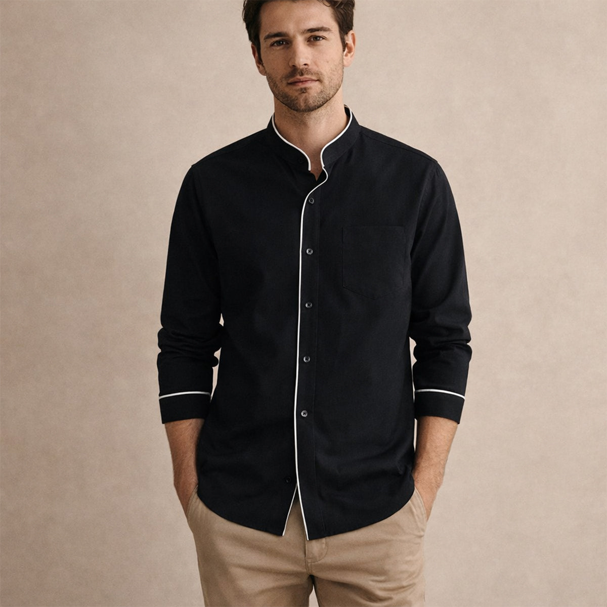 Axel | Men's Button Up Shirt White Black Trim