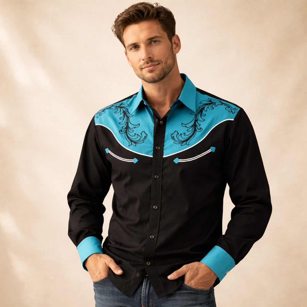 Eli | Men's Western Button Up Shirt Black Turquoise Embroidered
