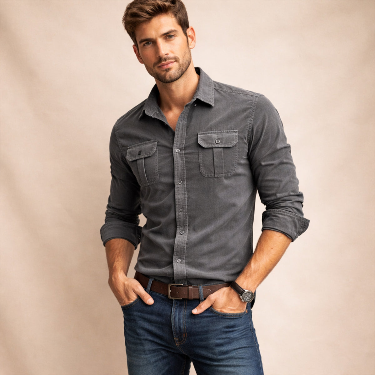 Axel | Men's Casual Corduroy Shirt Brown Long Sleeve