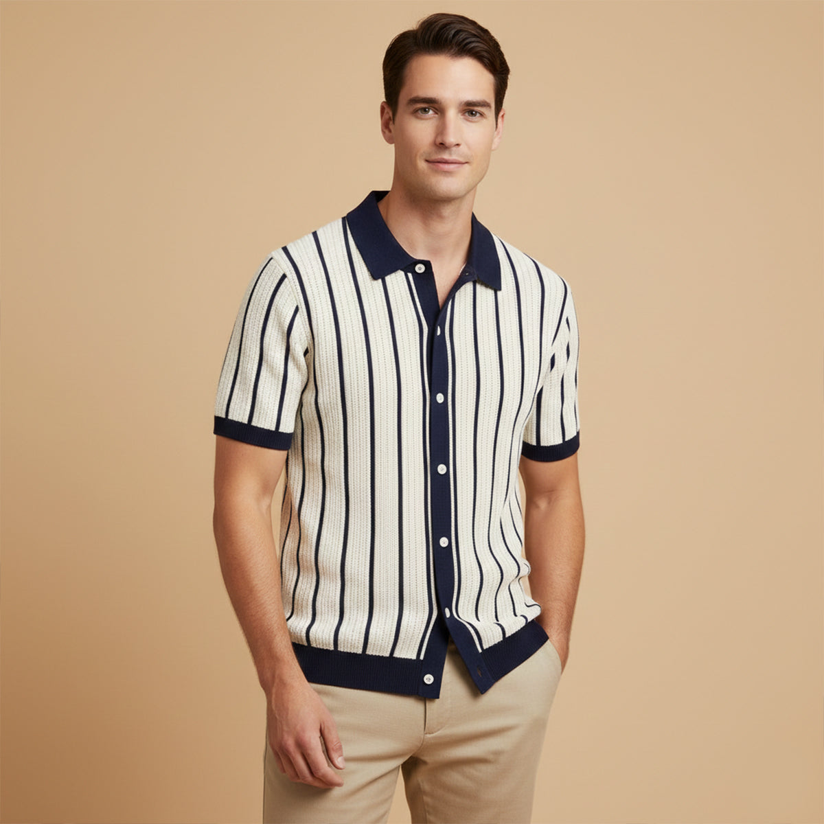 Bram | Men's Smart Casual Striped Knit Polo Shirt Cream Navy