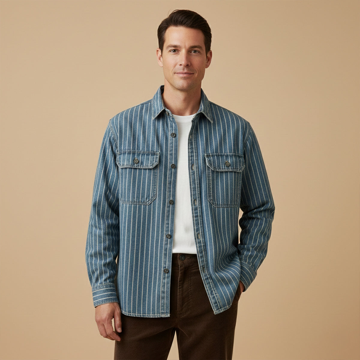 Axel | Men's Vintage Pinstripe Denim Shirt Blue Light Wash