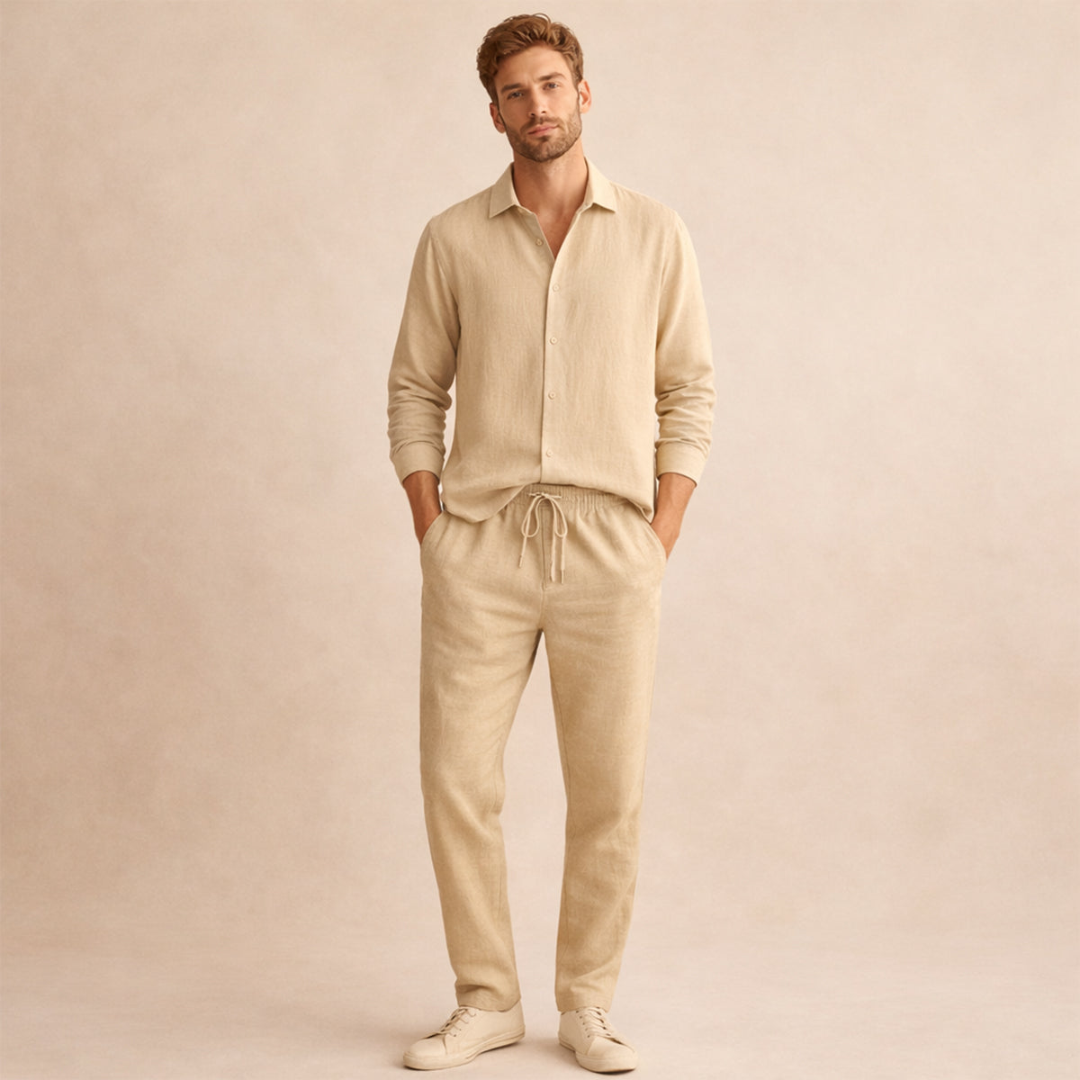 Kai | Men's Linen Lounge Set White Long Sleeve Shirt Pants